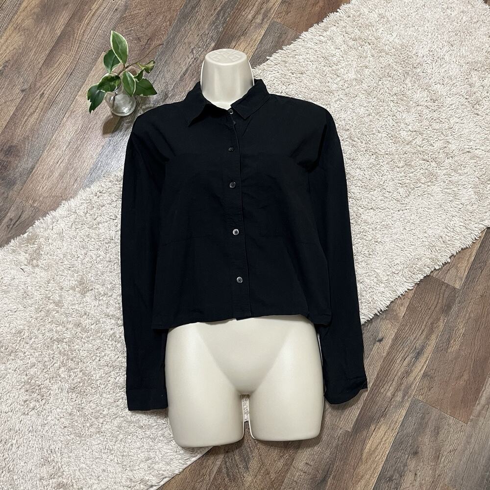 Madewell Size Small Oversized Black Cropped Long Sleeve Button Down Top